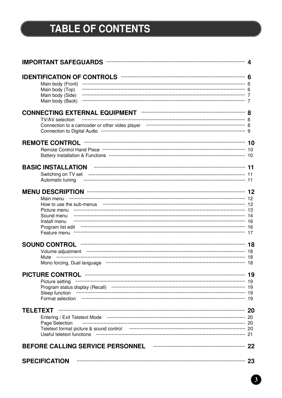 NEC PF32WT100 instruction manual Table of Contents 