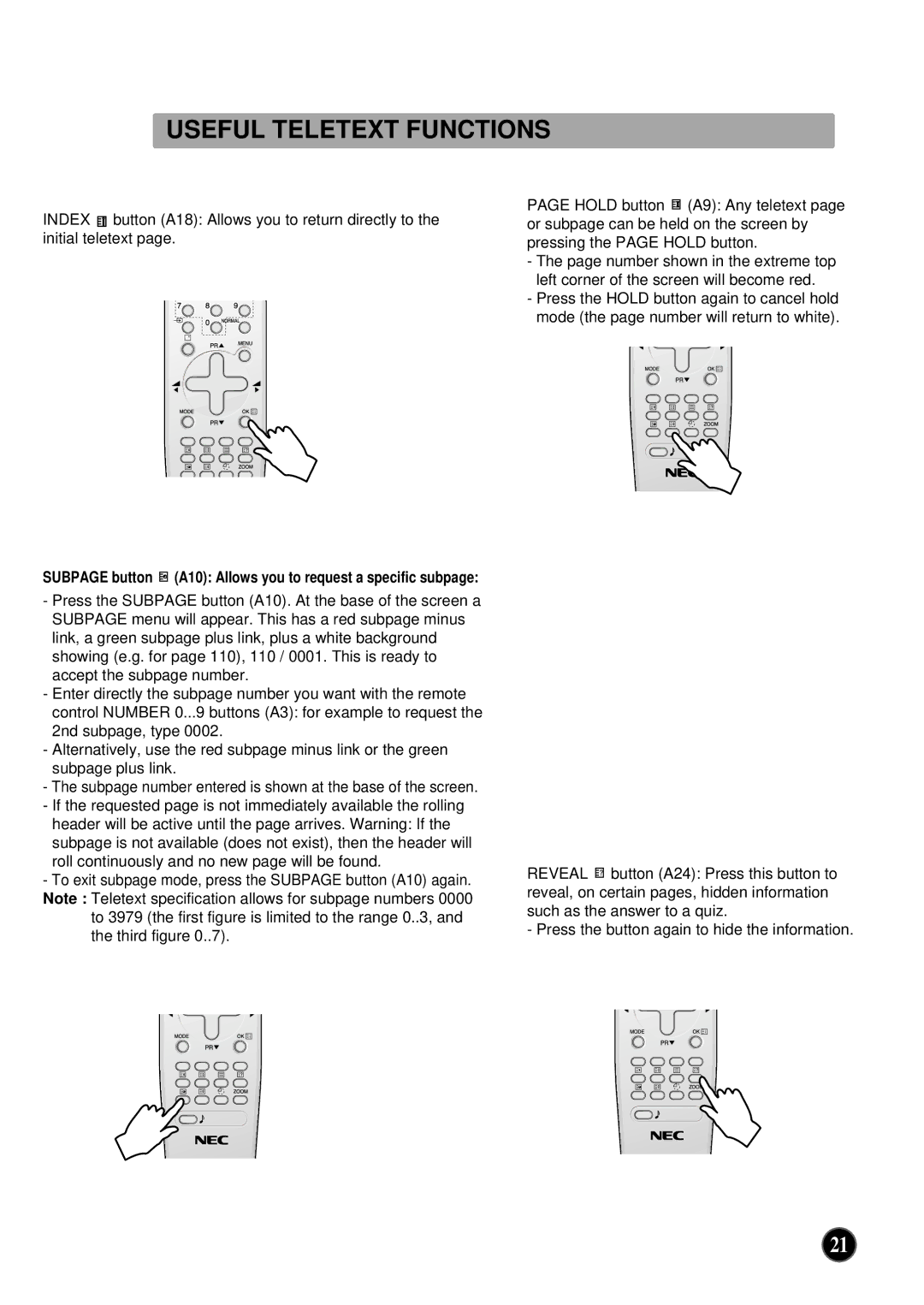 NEC PF32WT100 instruction manual Useful Teletext Functions 