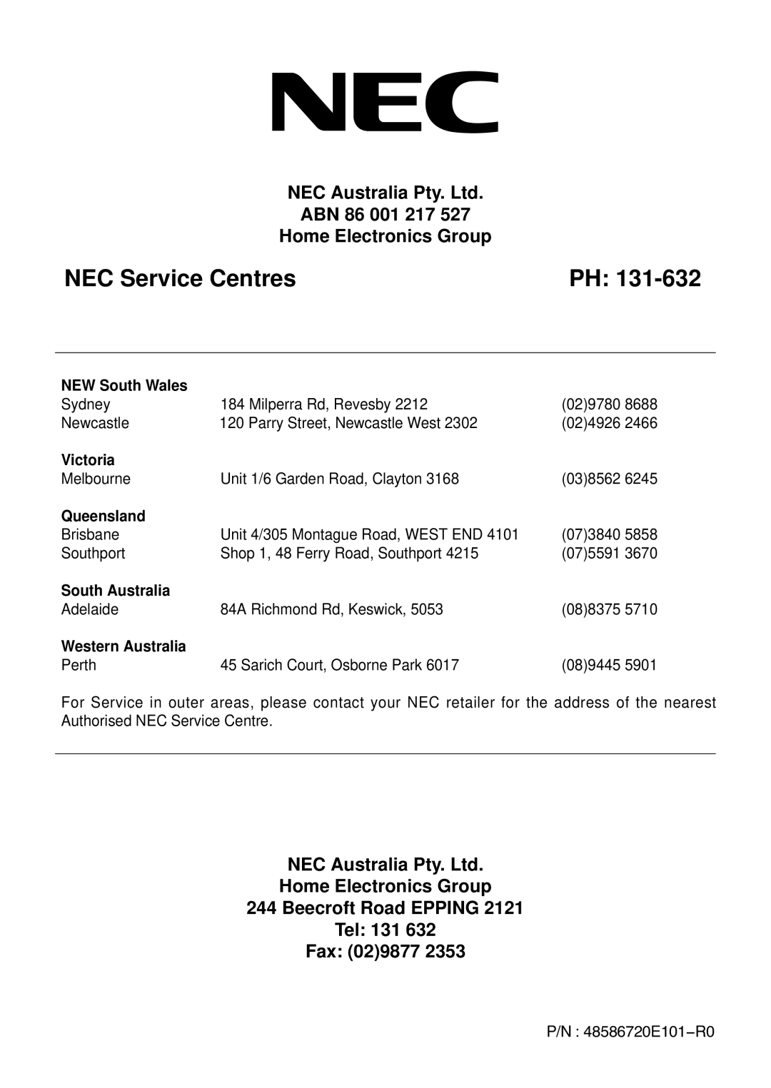 NEC PF32WT100 instruction manual NEC Service Centres 