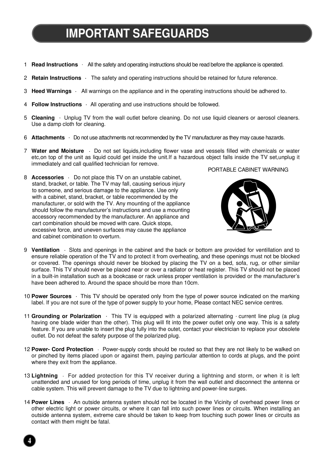 NEC PF32WT100 instruction manual Important Safeguards, Portable Cabinet Warning 