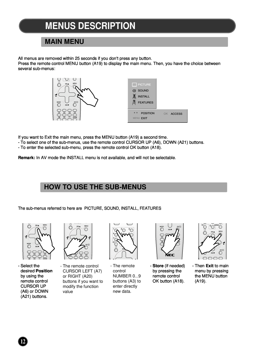 NEC PF32WT100 instruction manual Features, Menus Description, Main Menu, How To Use The Sub-Menus, Installsoundpicture 