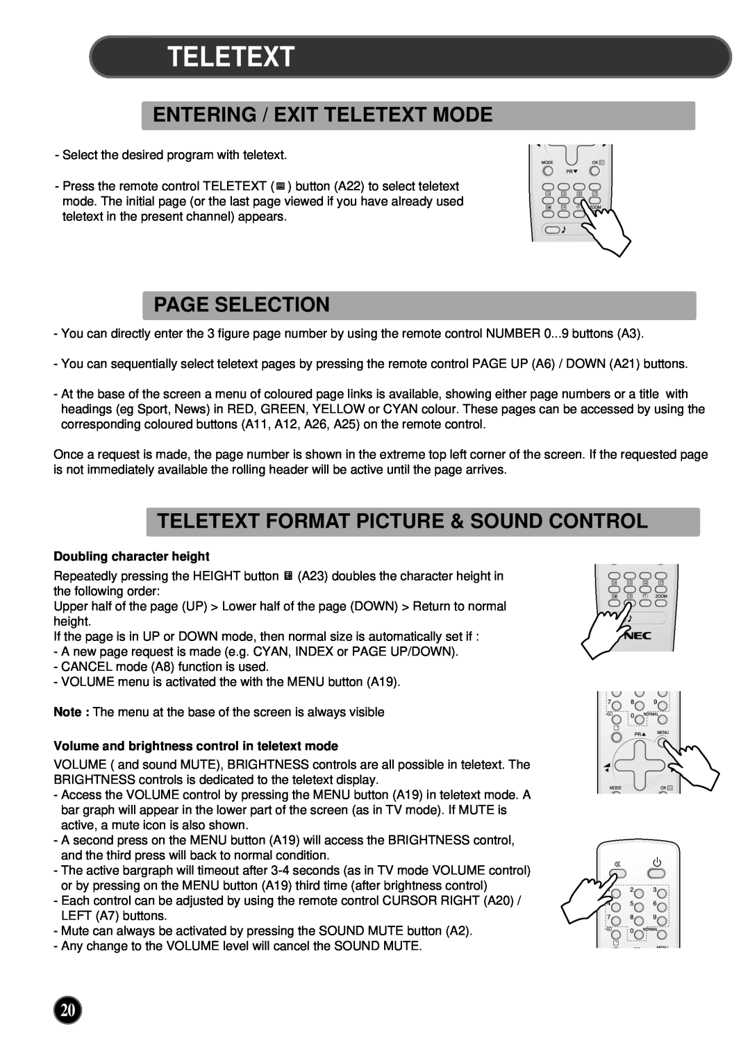 NEC PF32WT100 instruction manual Entering / Exit Teletext Mode, Page Selection, Teletext Format Picture & Sound Control 