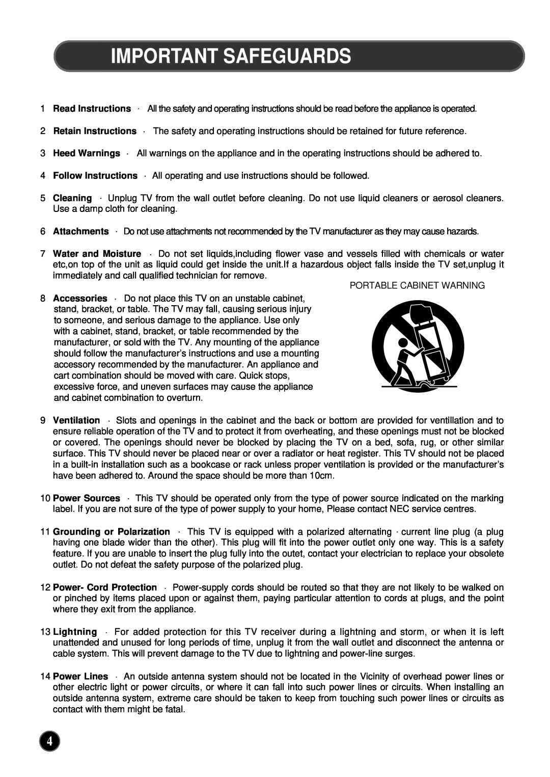 NEC PF32WT100 instruction manual Important Safeguards 