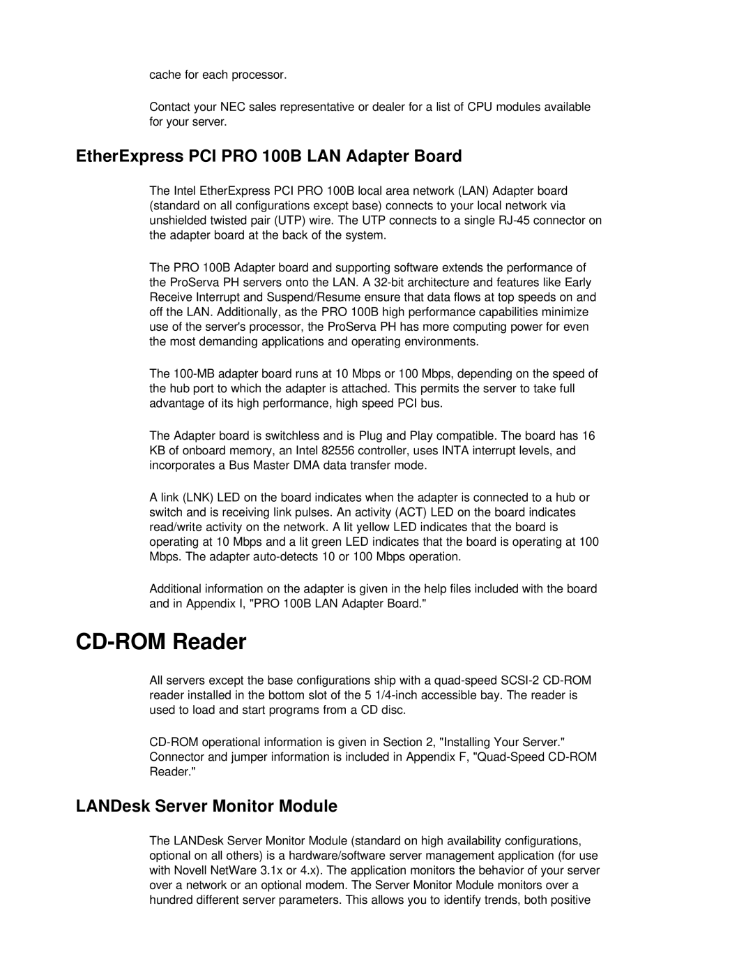 NEC PH133 manual CD-ROM Reader, EtherExpress PCI PRO 100B LAN Adapter Board, LANDesk Server Monitor Module 