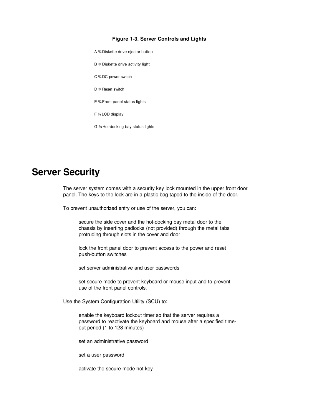 NEC PH133 manual Server Security, Server Controls and Lights 