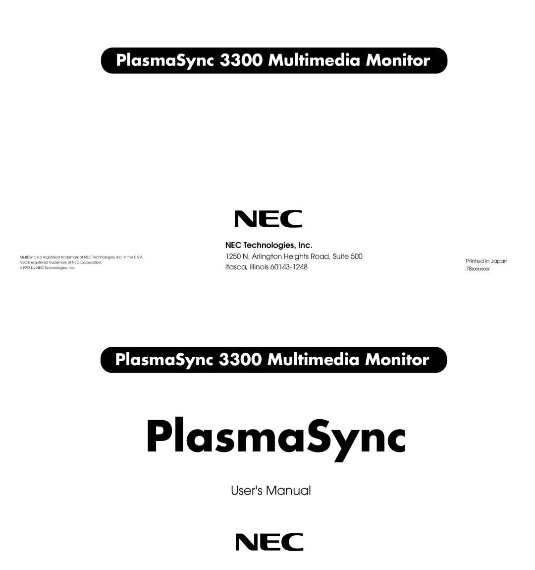 NEC user manual PlasmaSync 3300 Multimedia Monitor 