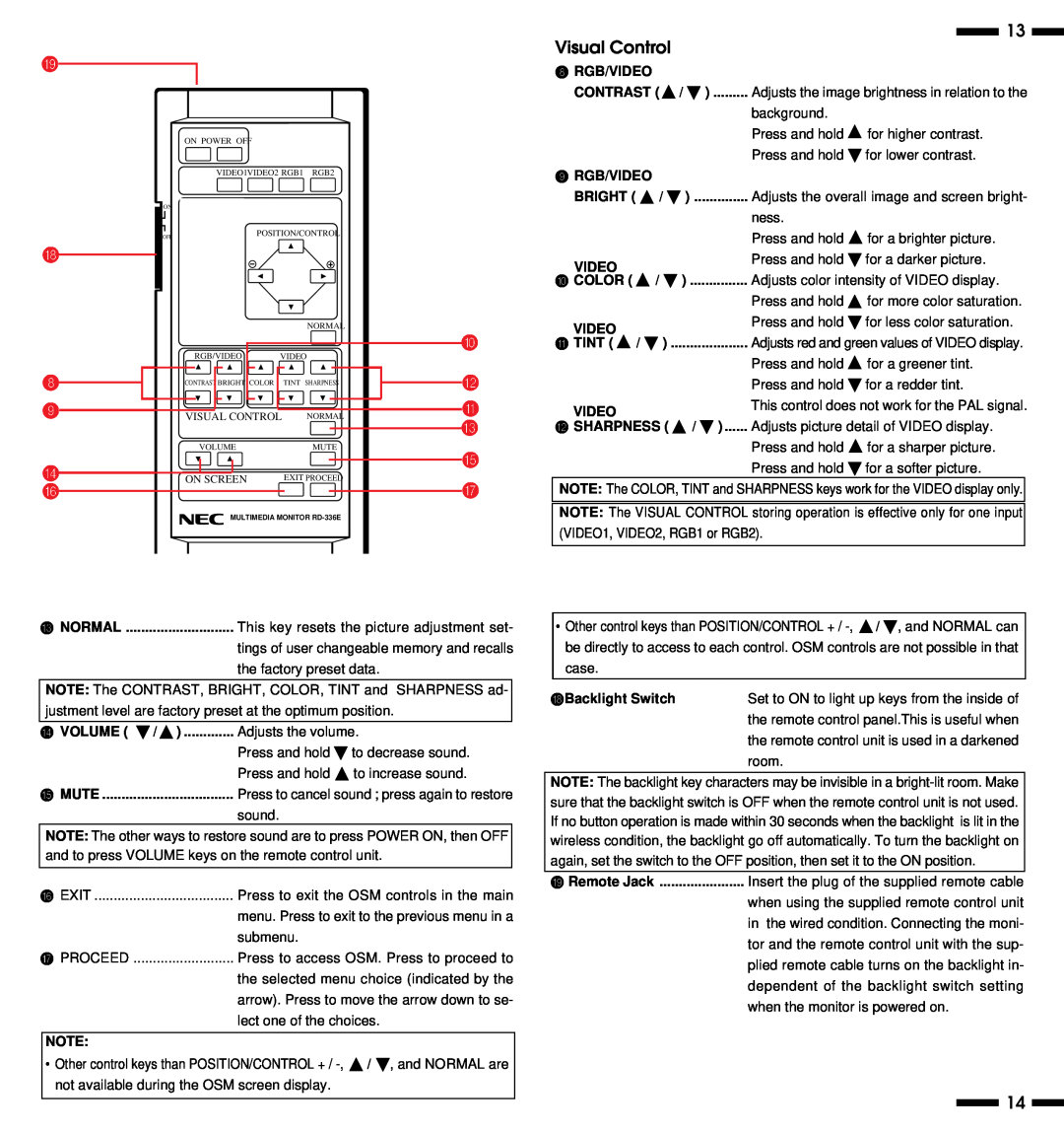 NEC PlasmaSync 3300 user manual B A C E G, Visual Control 
