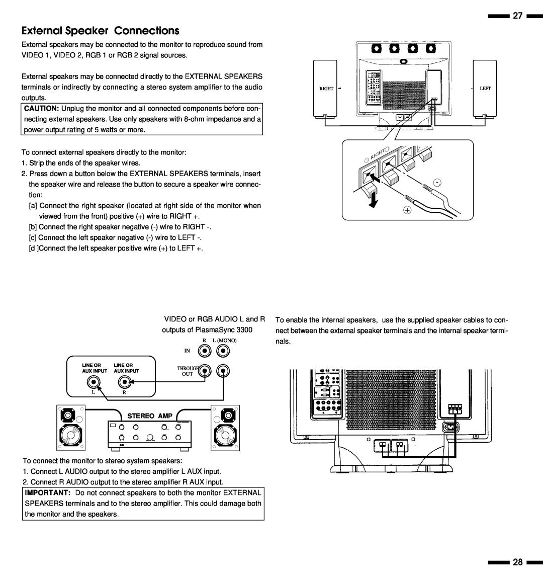 NEC PlasmaSync 3300 user manual External Speaker Connections 