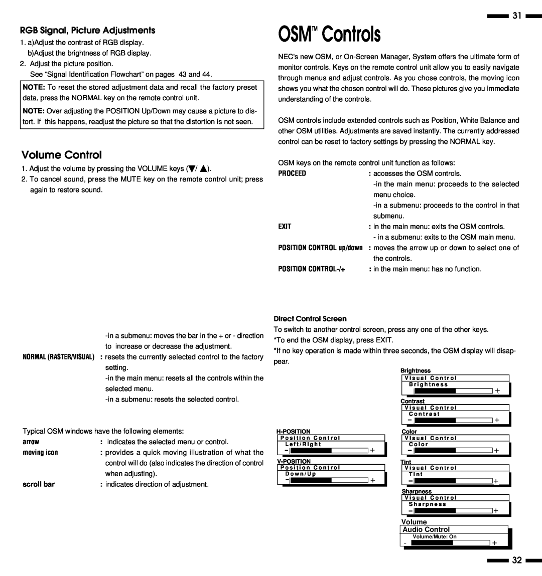 NEC PlasmaSync 3300 user manual OSMTM Controls, Volume Control 