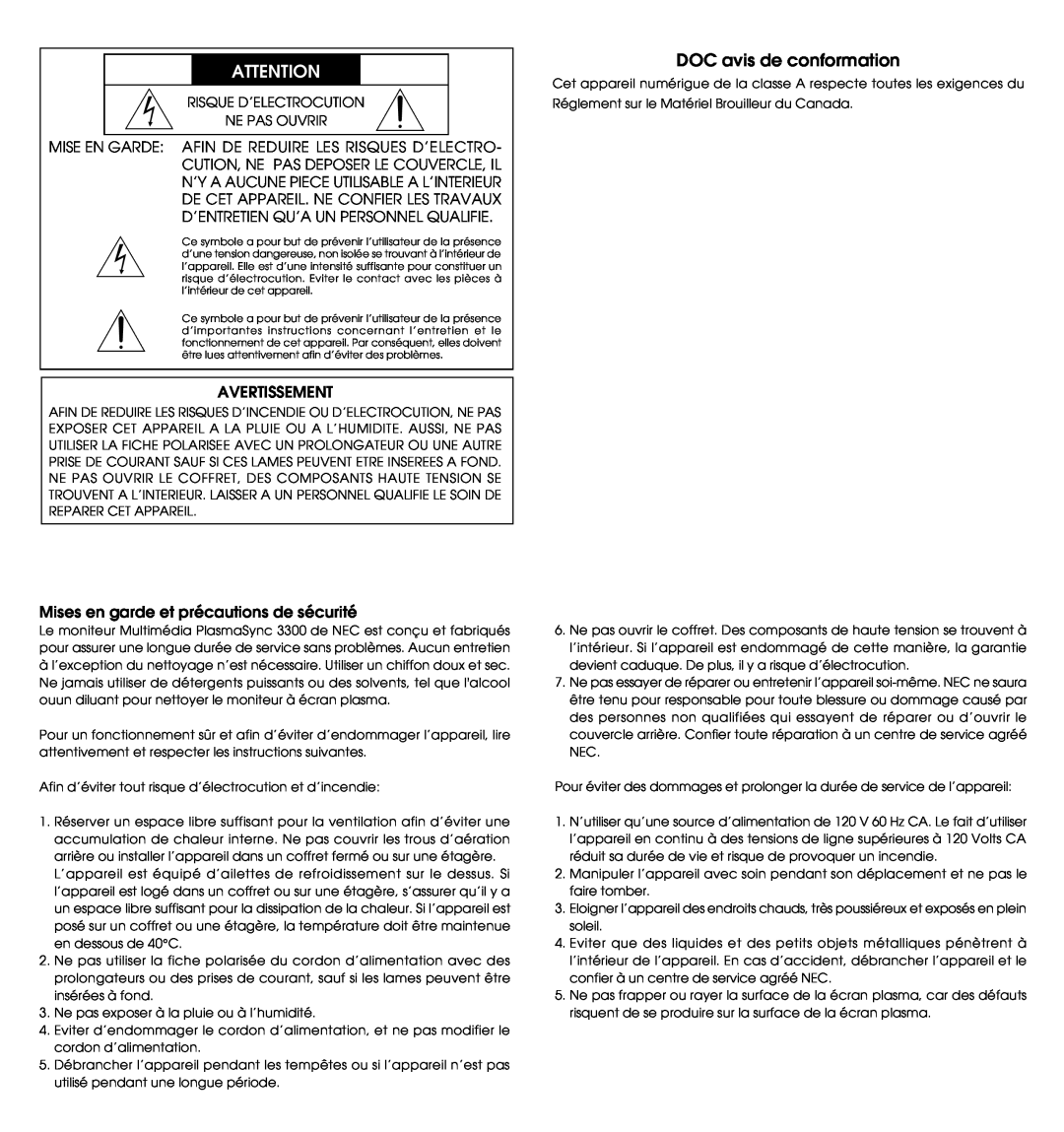 NEC PlasmaSync 3300 user manual DOC avis de conformation, Avertissement, Mises en garde et précautions de sécurité 