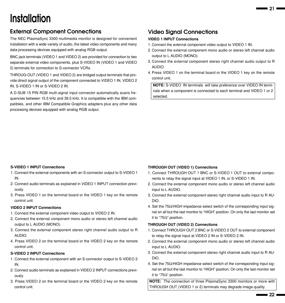 NEC PlasmaSync 3300 user manual Installation, External Component Connections, Video Signal Connections 