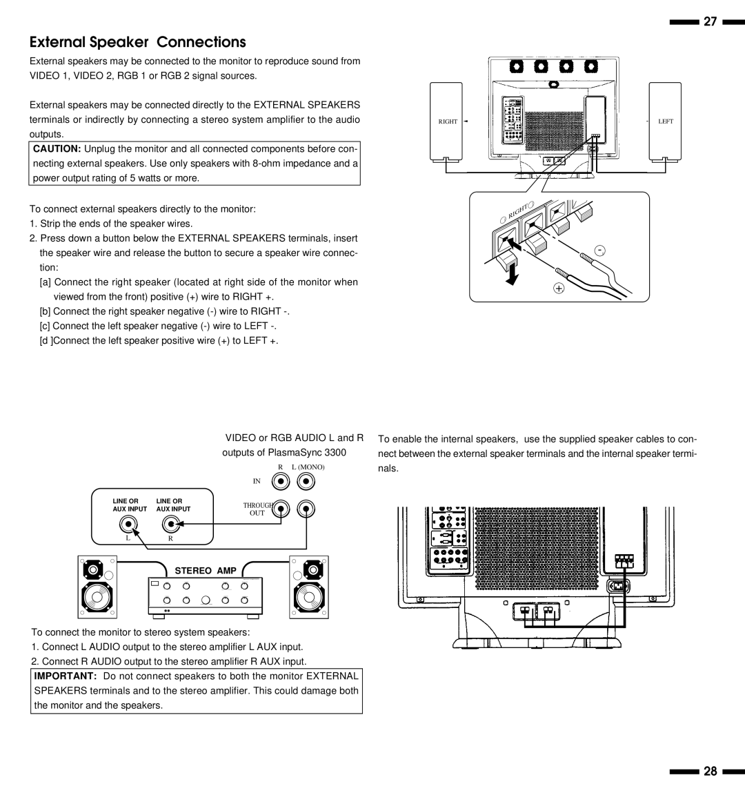 NEC PlasmaSync 3300 user manual External Speaker Connections 