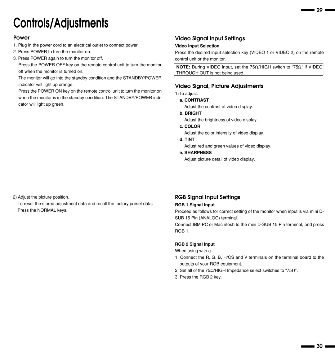 NEC PlasmaSync 3300 user manual Controls/Adjustments, Power, Video Signal Input Settings, Video Signal, Picture Adjustments 