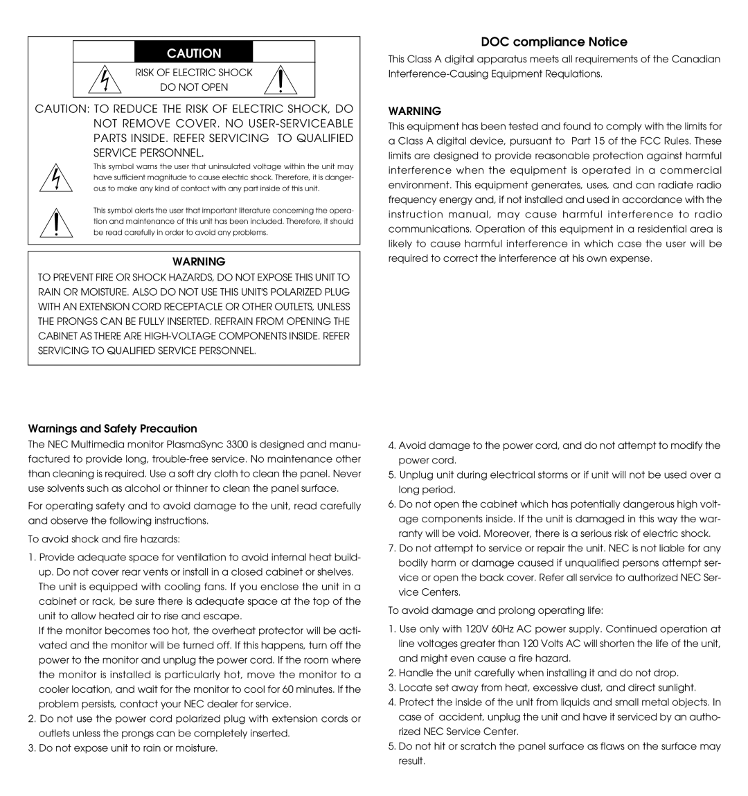 NEC PlasmaSync 3300 user manual DOC compliance Notice, Risk of Electric Shock Do not Open 