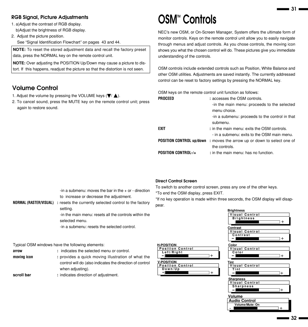 NEC PlasmaSync 3300 user manual Osmtm Controls, Volume Control, RGB Signal, Picture Adjustments 