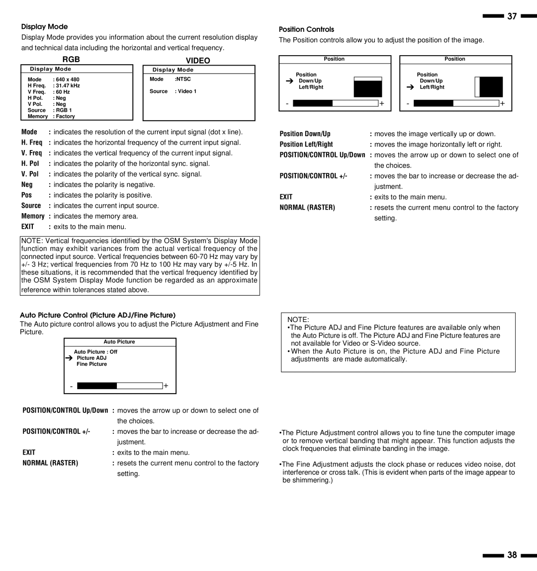 NEC PlasmaSync 3300 Mode, Freq, Indicates the memory area, Moves the arrow up or down to select one, Choices, Justment 