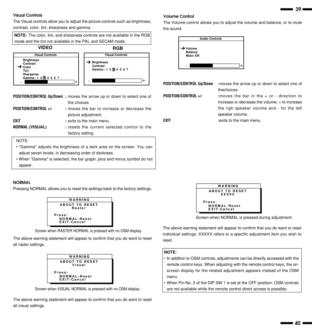 NEC PlasmaSync 3300 user manual Video RGB, Normal 