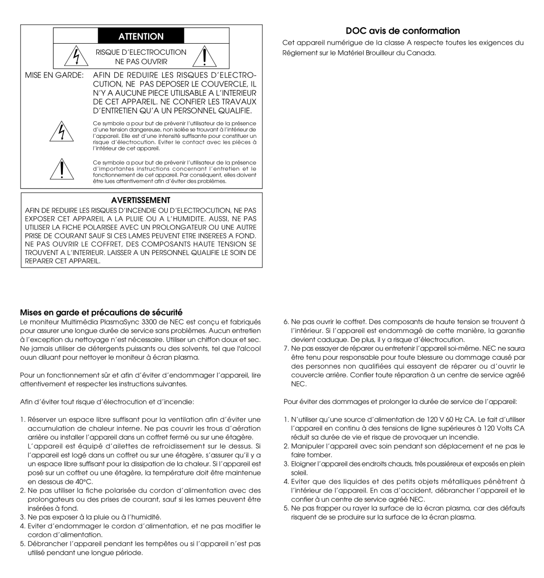 NEC PlasmaSync 3300 user manual DOC avis de conformation, Avertissement 