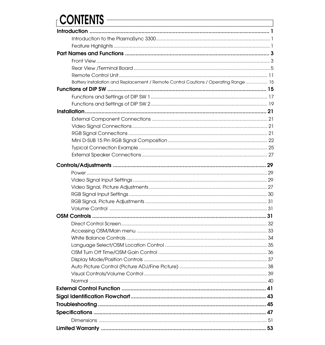 NEC PlasmaSync 3300 user manual Contents 