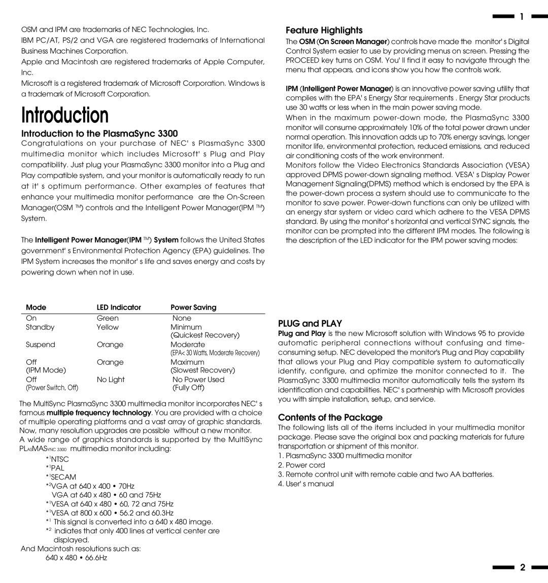 NEC PlasmaSync 3300 Introduction to the PlasmaSync, Feature Highlights, Plug and Play, Contents of the Package 