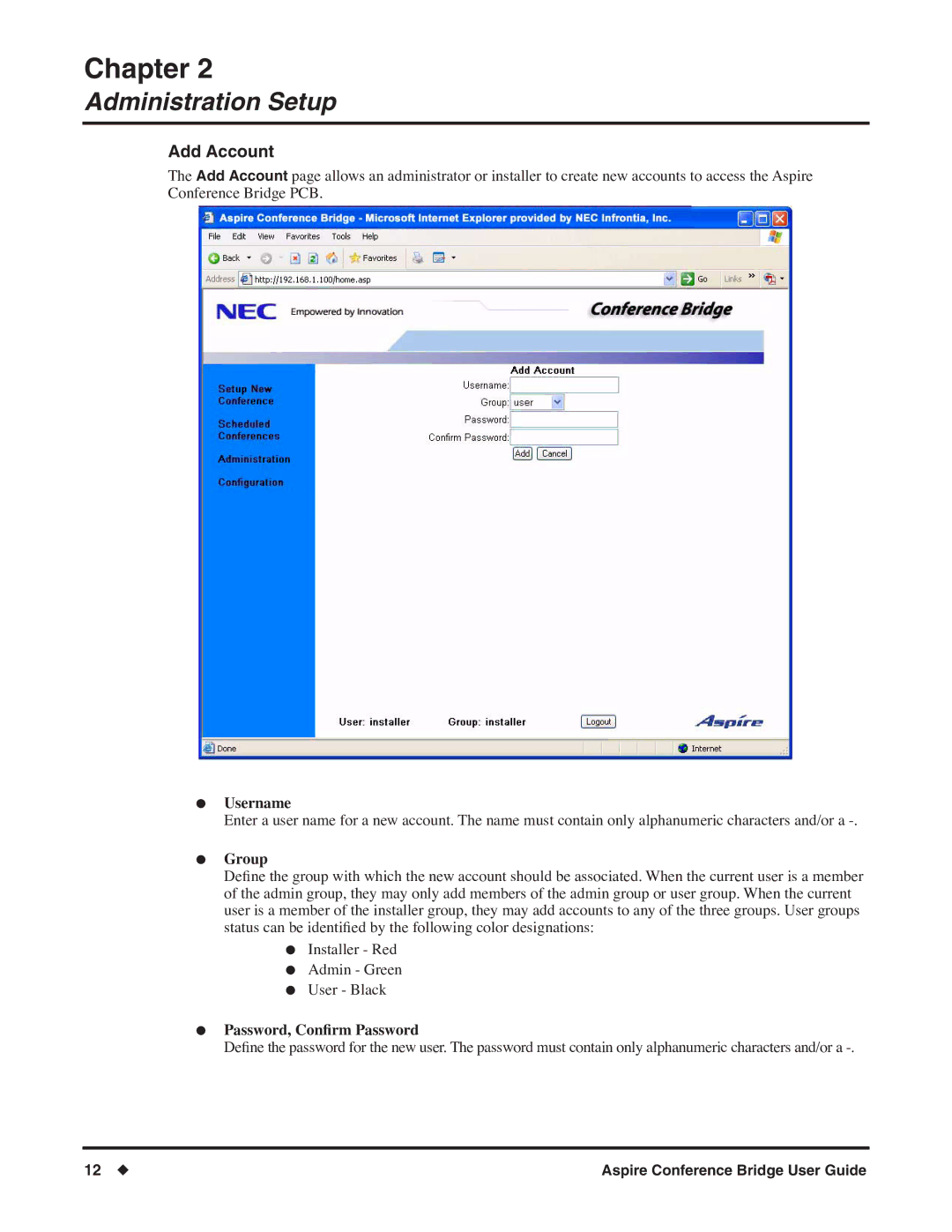 NEC P/N 0893416 manual Username, Group, Password, ConÞrm Password 