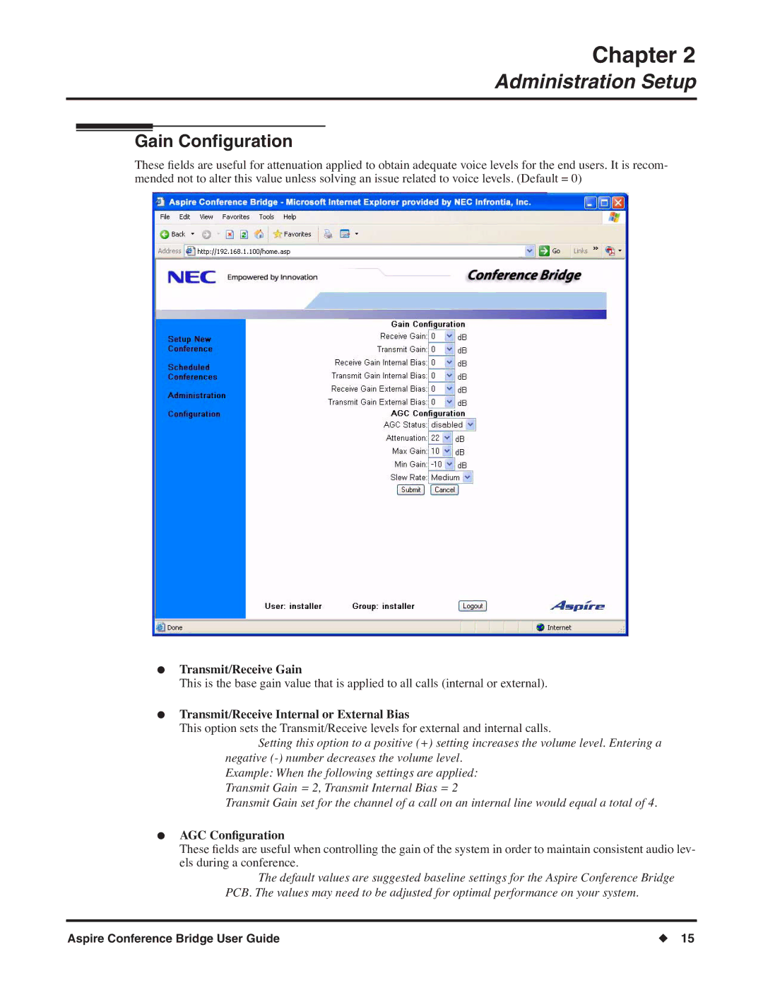 NEC P/N 0893416 Gain Conﬁguration, Transmit/Receive Gain, Transmit/Receive Internal or External Bias, AGC ConÞguration 