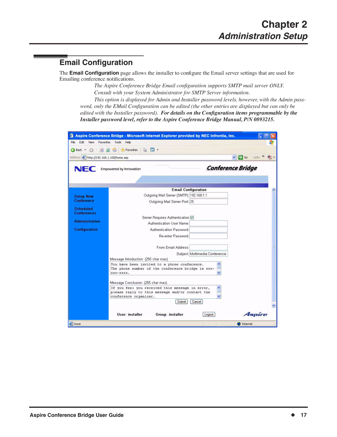 NEC P/N 0893416 manual Email Conﬁguration 