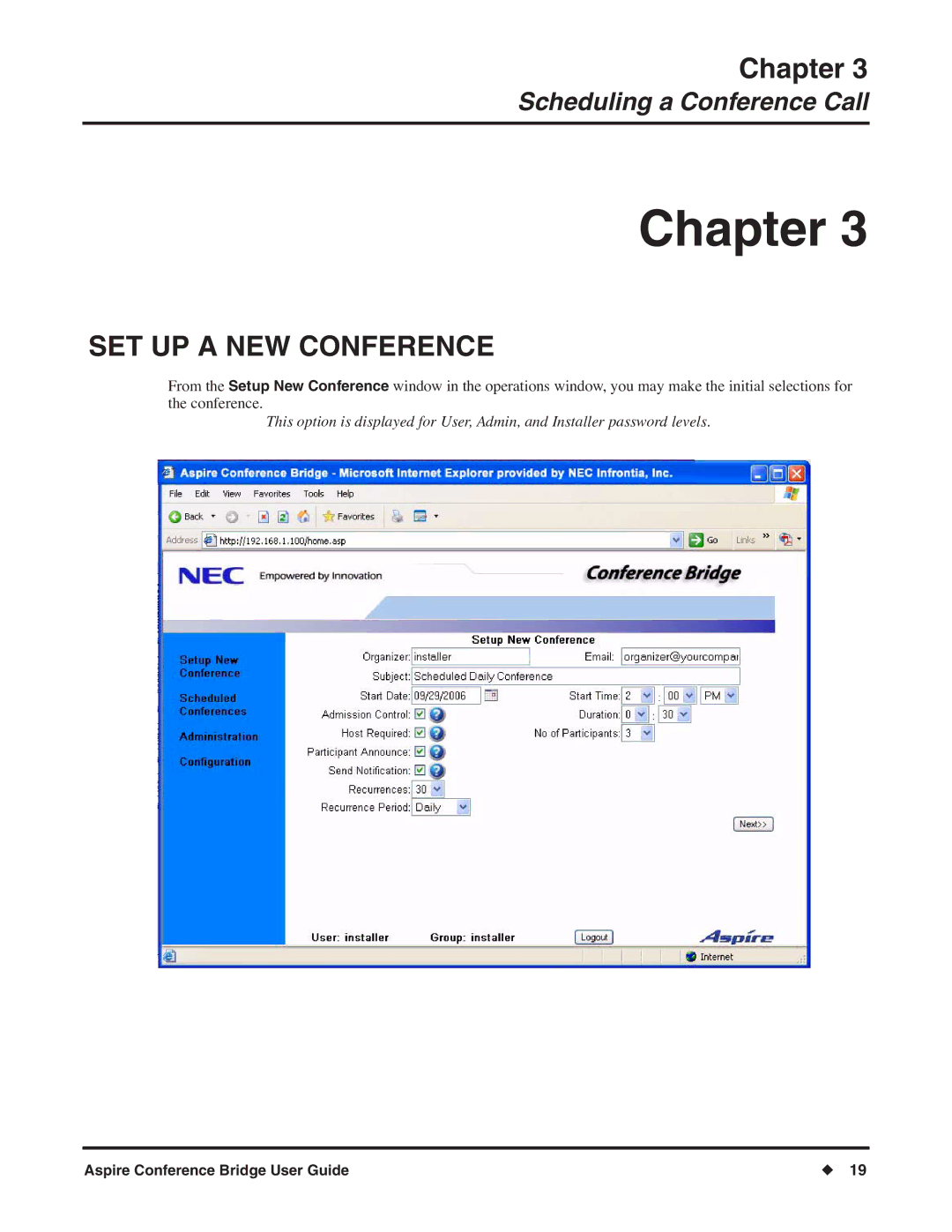 NEC P/N 0893416 manual SET UP a NEW Conference 