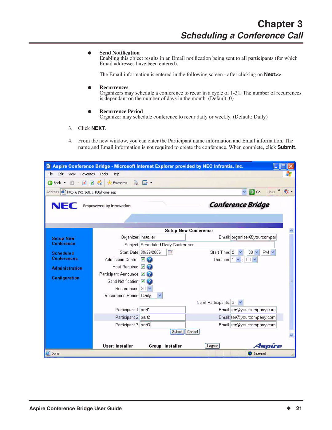 NEC P/N 0893416 manual Send NotiÞcation, Recurrences, Recurrence Period 