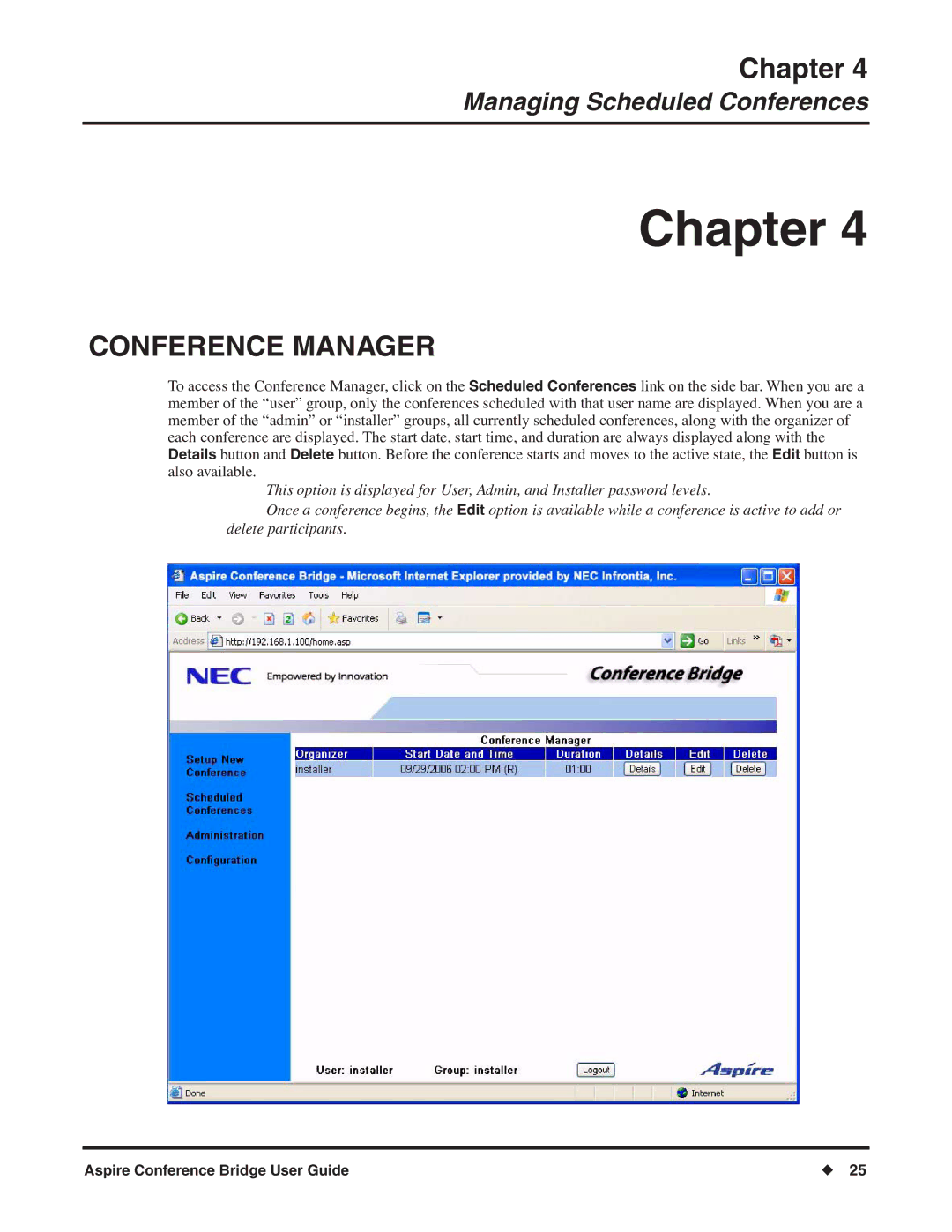 NEC P/N 0893416 manual Conference Manager 