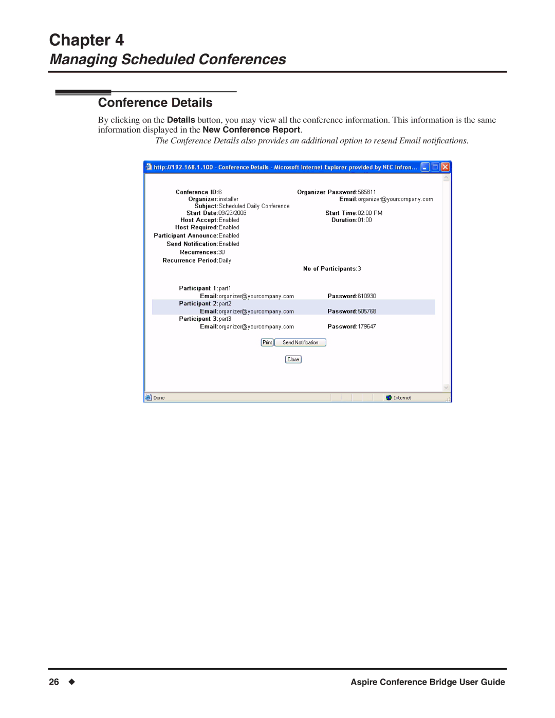 NEC P/N 0893416 manual Conference Details 