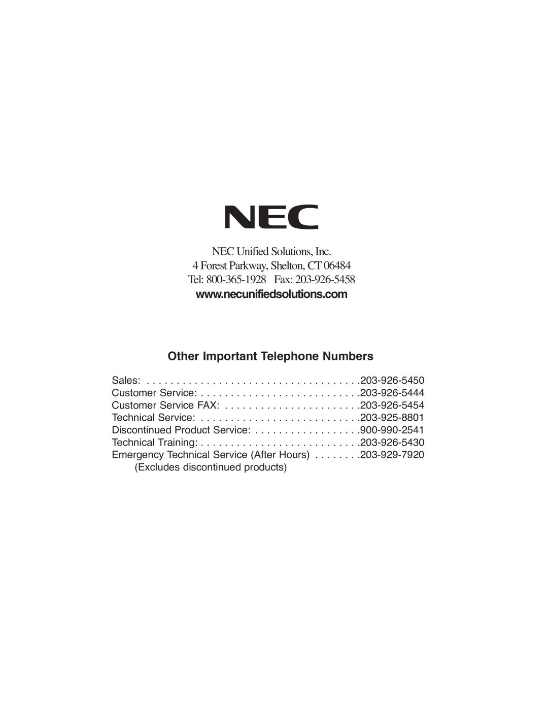 NEC P/N 0893416 manual Other Important Telephone Numbers 