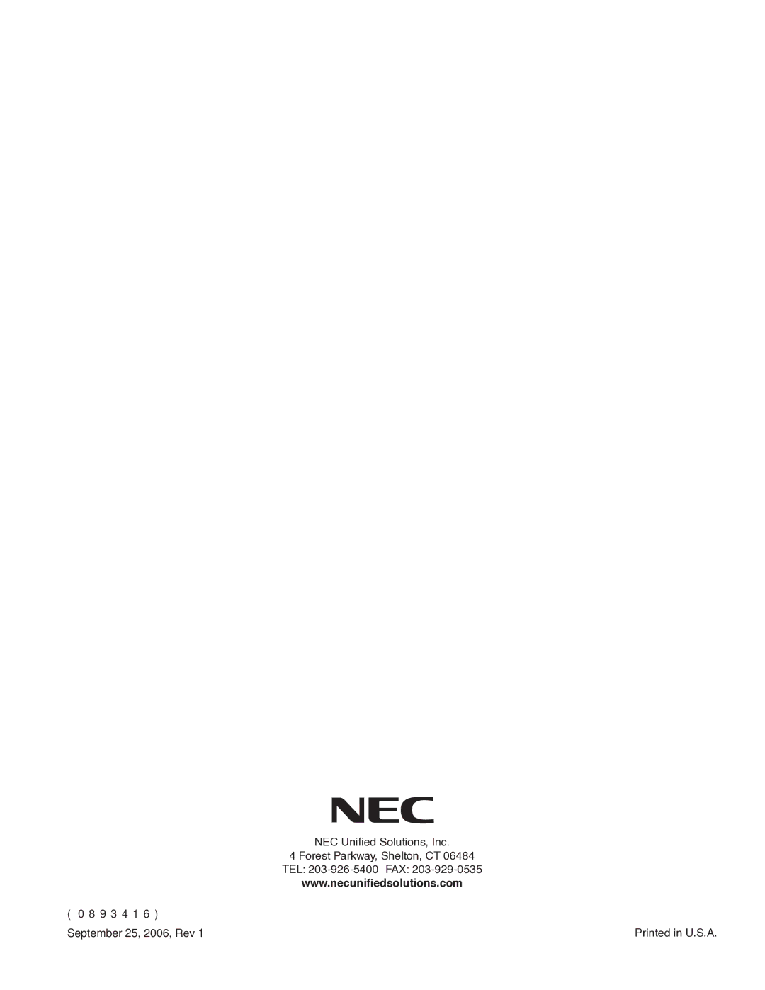 NEC P/N 0893416 manual 