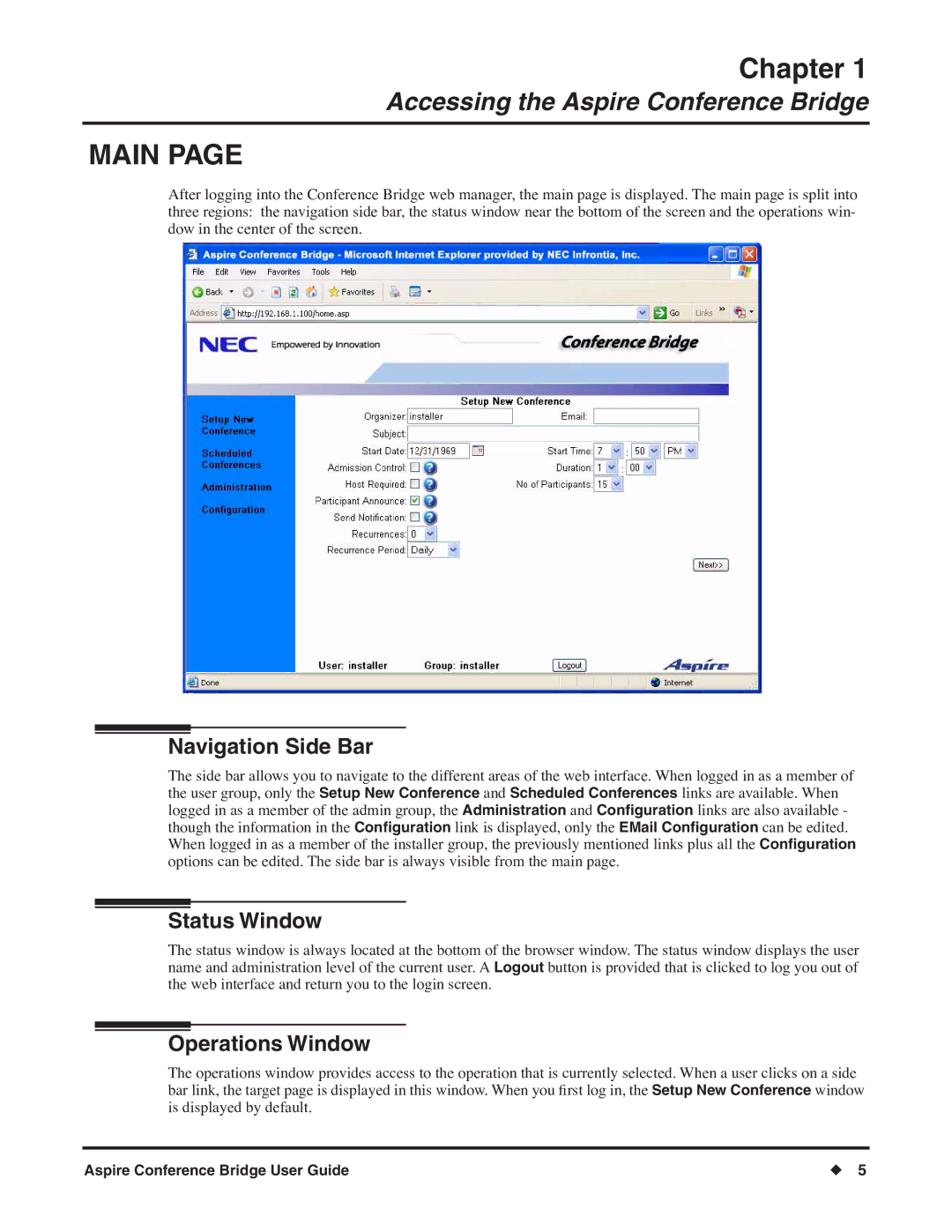 NEC P/N 0893416 manual Main, Navigation Side Bar, Status Window, Operations Window 