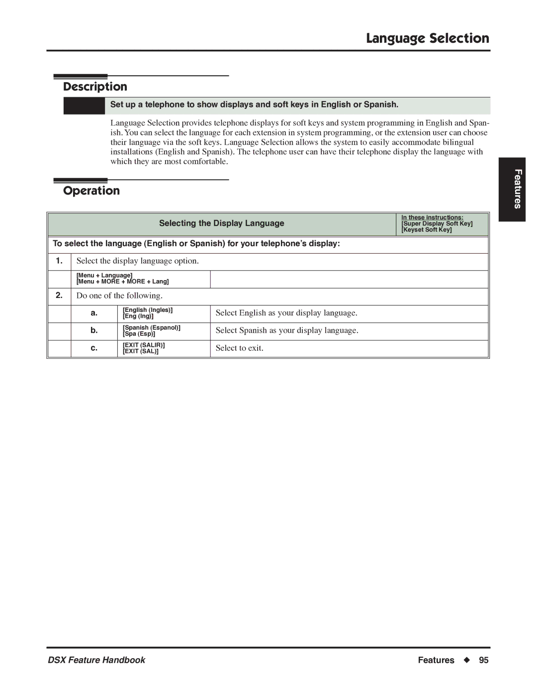 NEC P/N 1093099 manual Language Selection, Select English as your display language, Select Spanish as your display language 