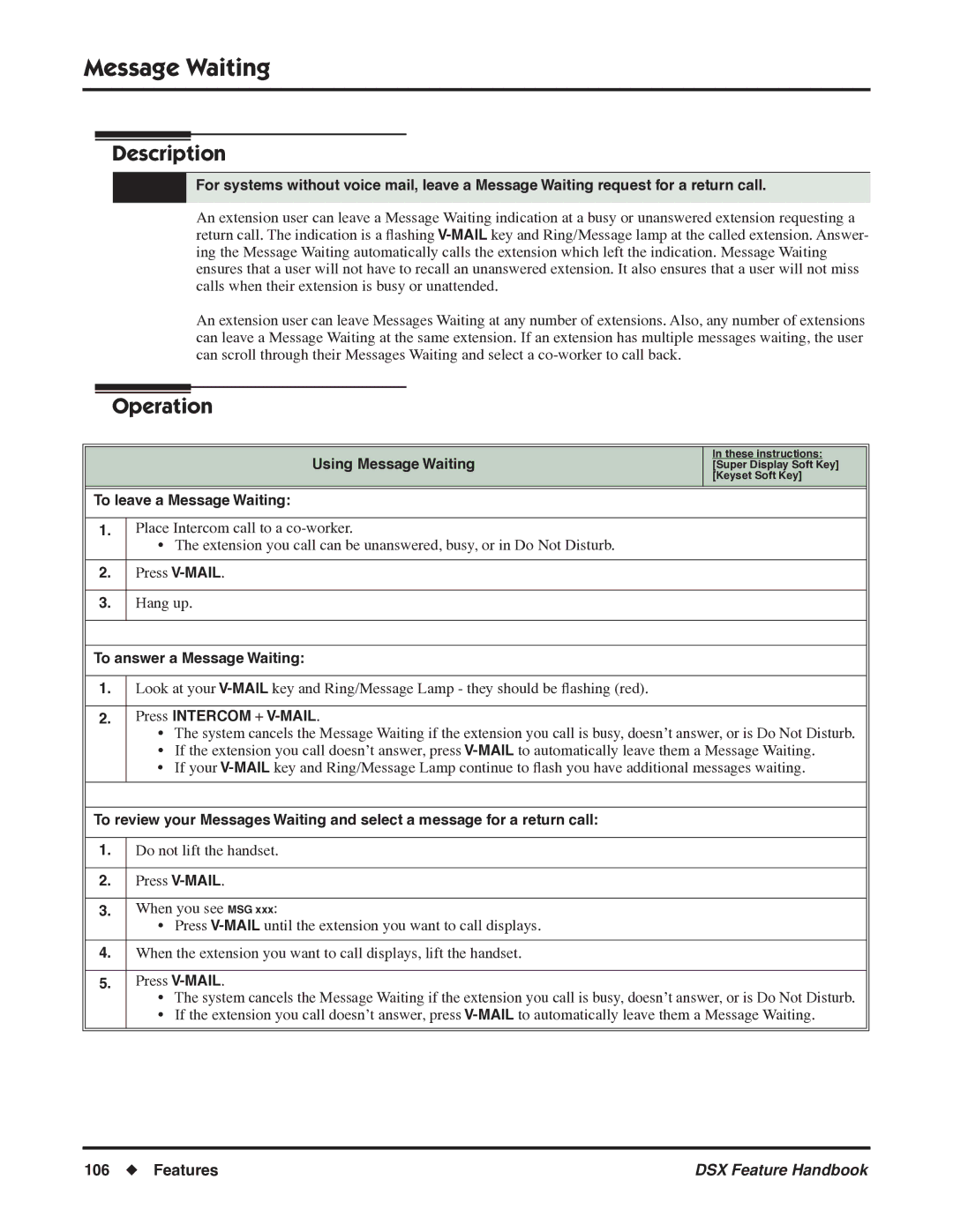 NEC P/N 1093099 manual Using Message Waiting, To leave a Message Waiting, To answer a Message Waiting 