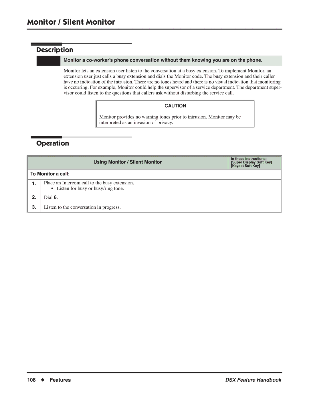 NEC P/N 1093099 manual Using Monitor / Silent Monitor, To Monitor a call 