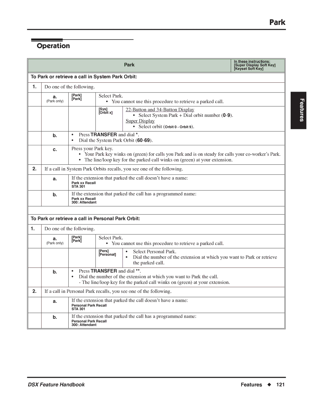 NEC P/N 1093099 manual To Park or retrieve a call in Personal Park Orbit 