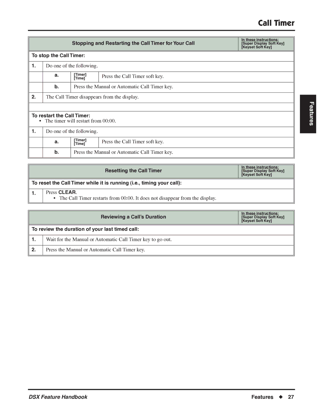 NEC P/N 1093099 manual To stop the Call Timer, To restart the Call Timer, To review the duration of your last timed call 