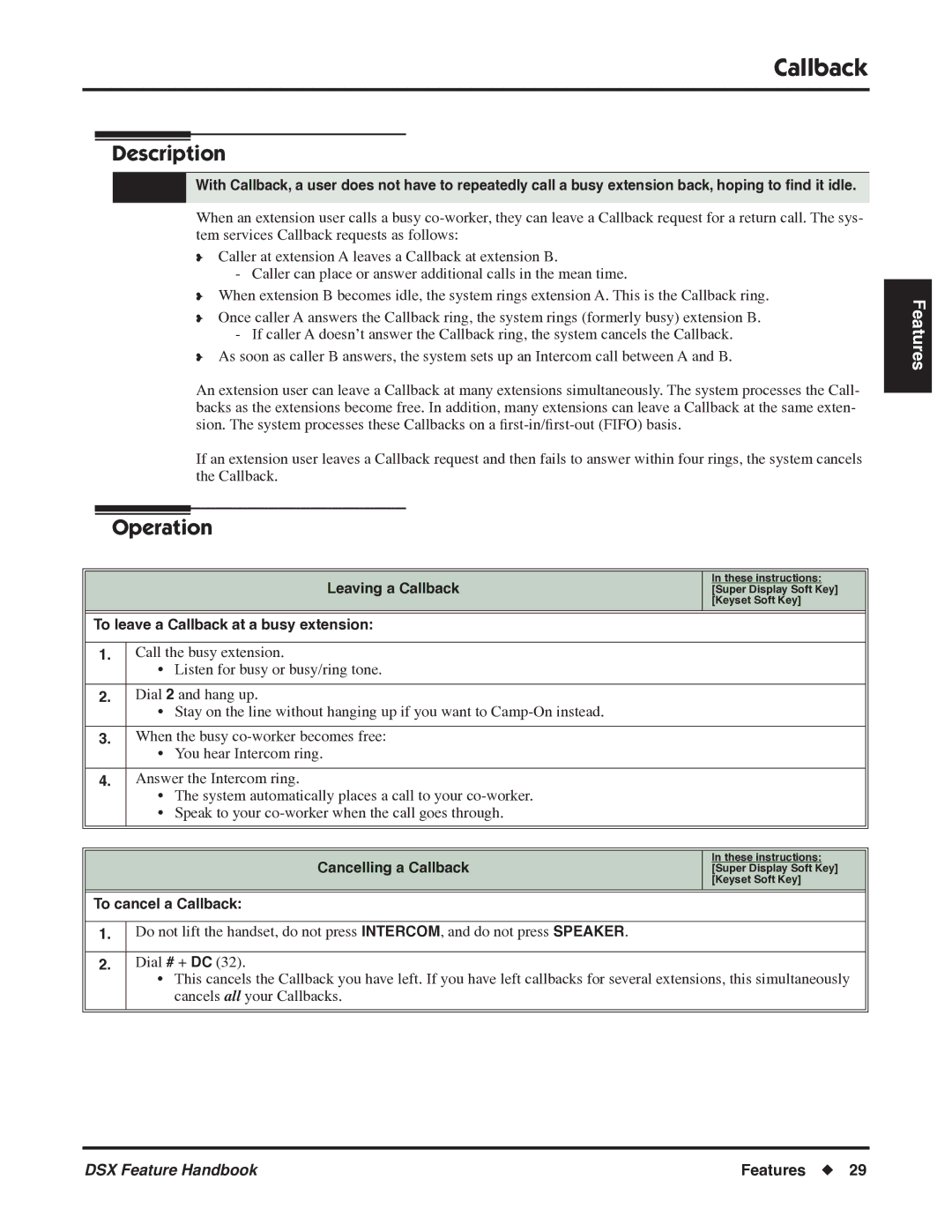 NEC P/N 1093099 manual Leaving a Callback, To leave a Callback at a busy extension, Cancelling a Callback 