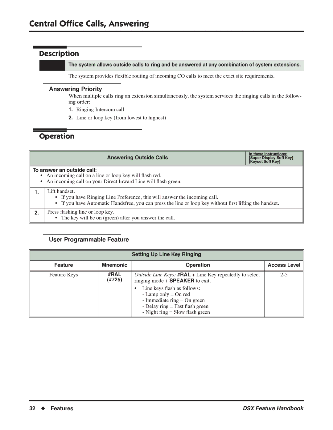 NEC P/N 1093099 Central Ofﬁce Calls, Answering, Answering Priority, Answering Outside Calls, To answer an outside call 