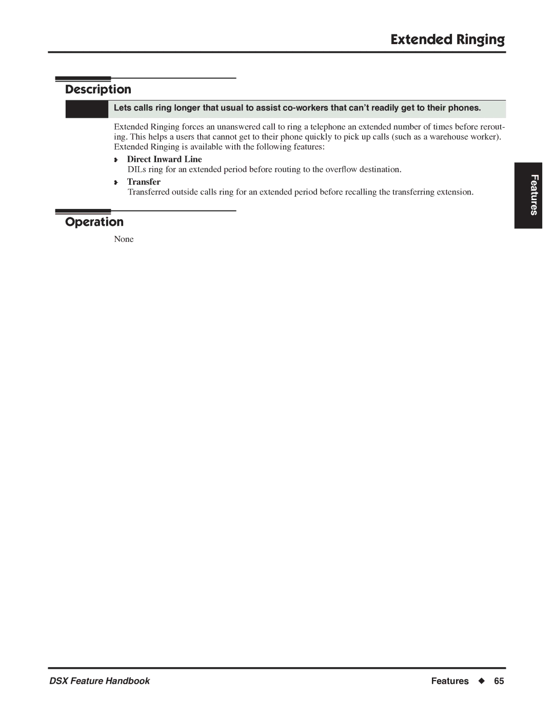 NEC P/N 1093099 manual Extended Ringing, Direct Inward Line, Transfer 