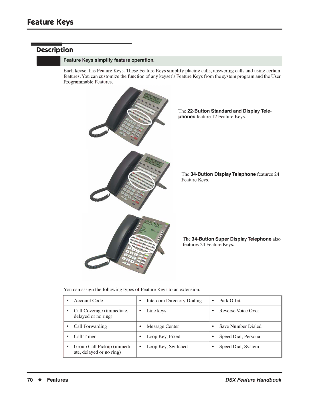 NEC P/N 1093099 manual Feature Keys simplify feature operation, Button Display Telephone features 