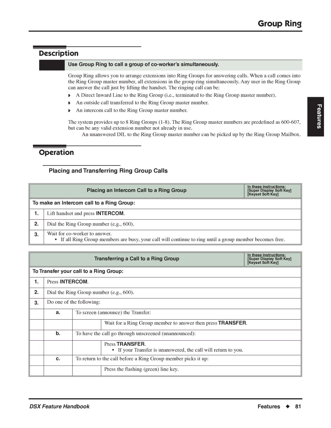 NEC P/N 1093099 manual Group Ring, Placing and Transferring Ring Group Calls 