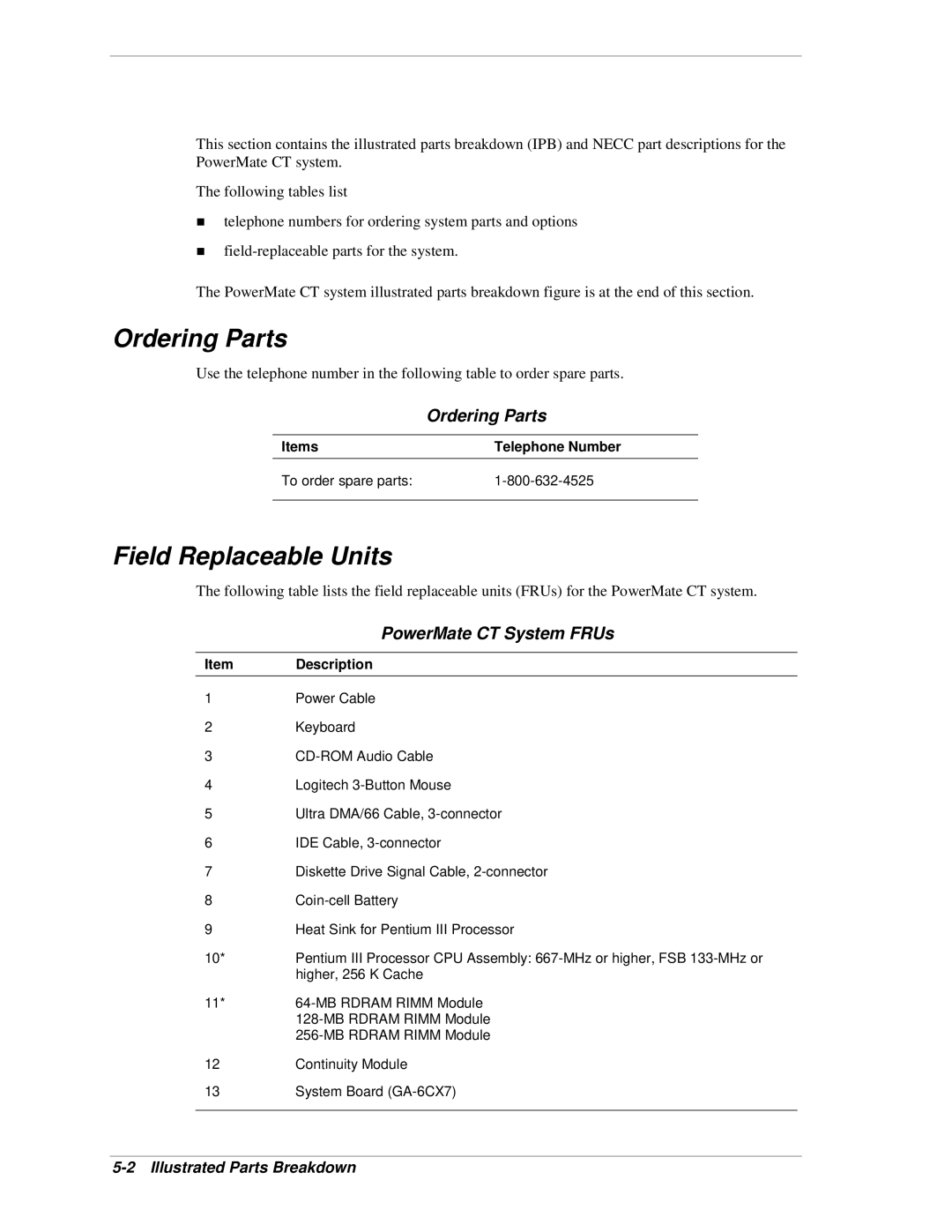 NEC manual Ordering Parts, Field Replaceable Units, PowerMate CT System FRUs 