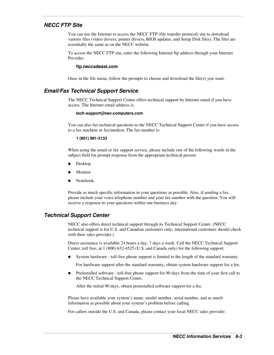 NEC PowerMate CT manual Necc FTP Site, Email/Fax Technical Support Service, Technical Support Center, 801 