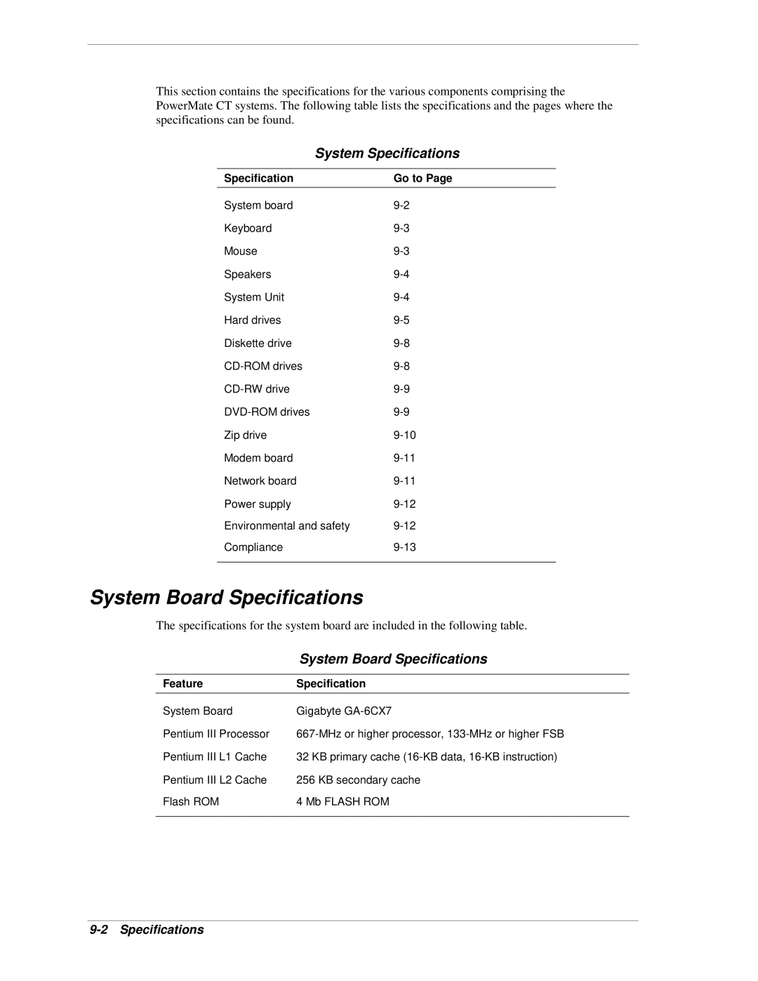 NEC PowerMate CT manual System Board Specifications, System Specifications, Specification Go to, Feature Specification 