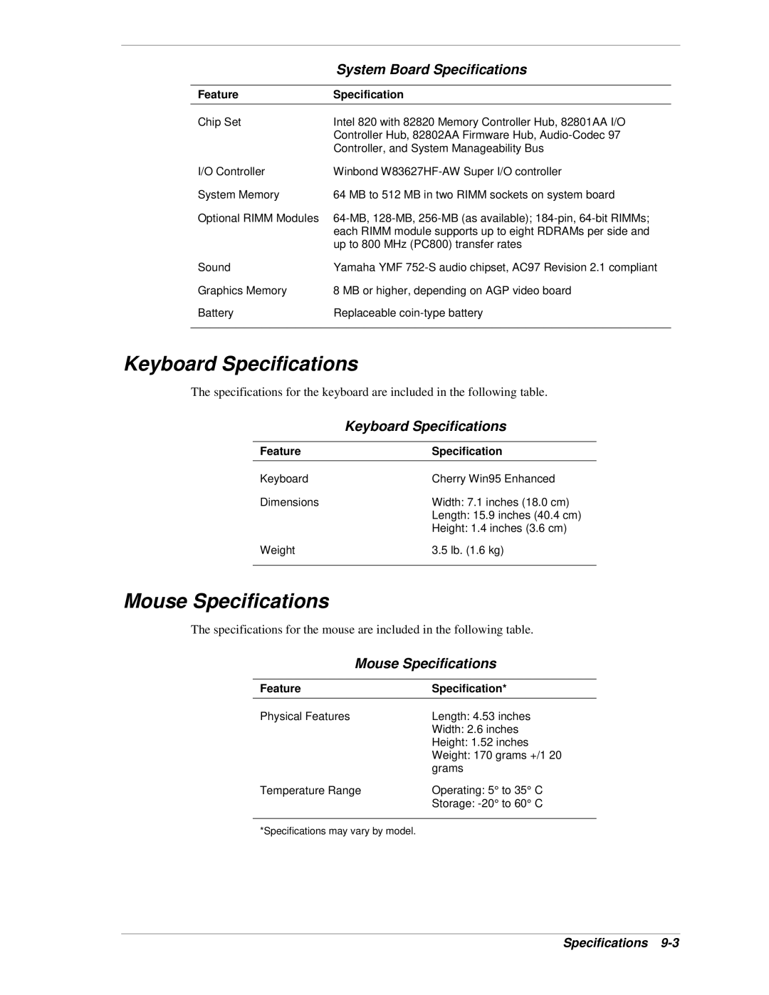 NEC PowerMate CT manual Keyboard Specifications, Mouse Specifications 