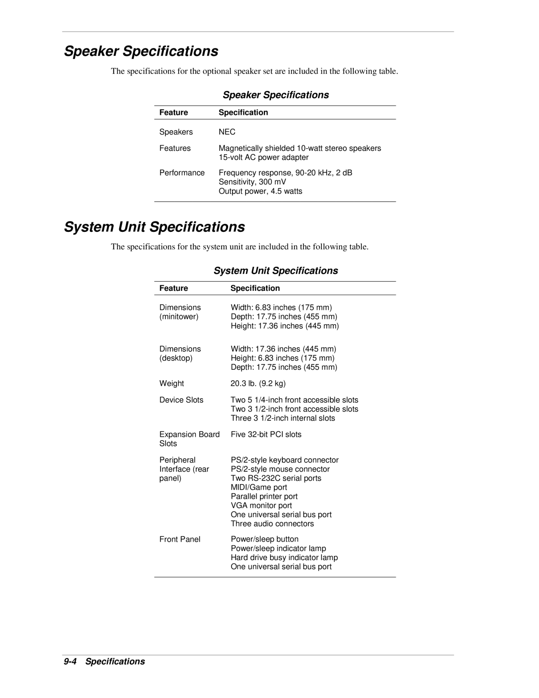 NEC PowerMate CT manual Speaker Specifications, System Unit Specifications, Nec 