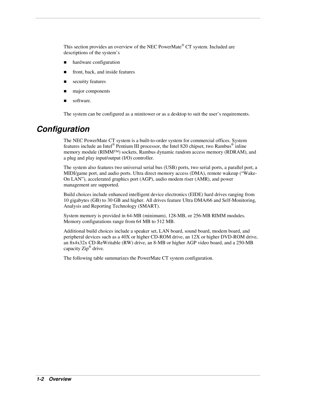 NEC PowerMate CT manual Configuration 